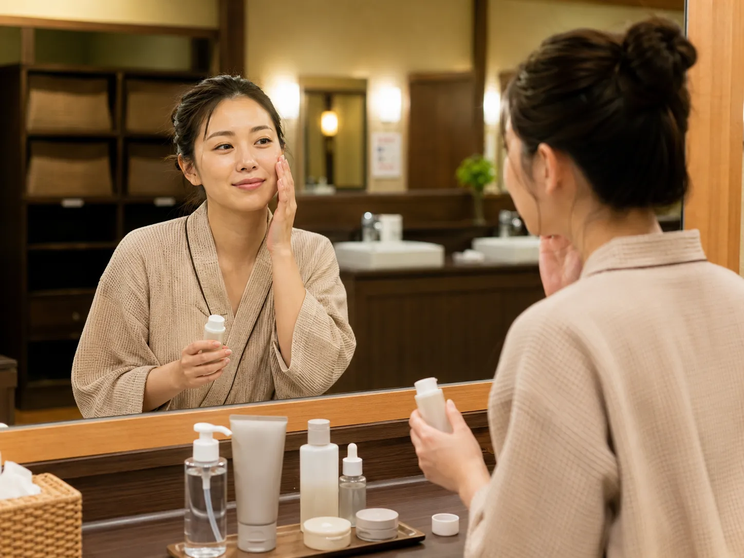温浴施設の脱衣所で商品を自然に試している様子