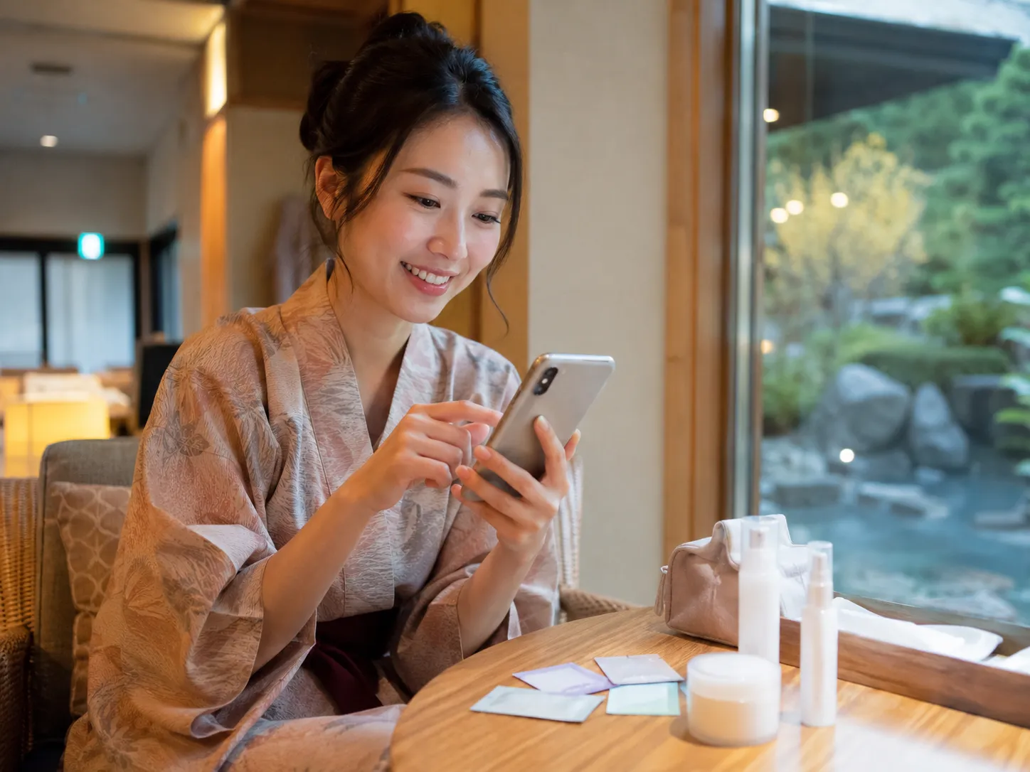 温浴施設での商品体験後にスマホで投稿・検索している様子